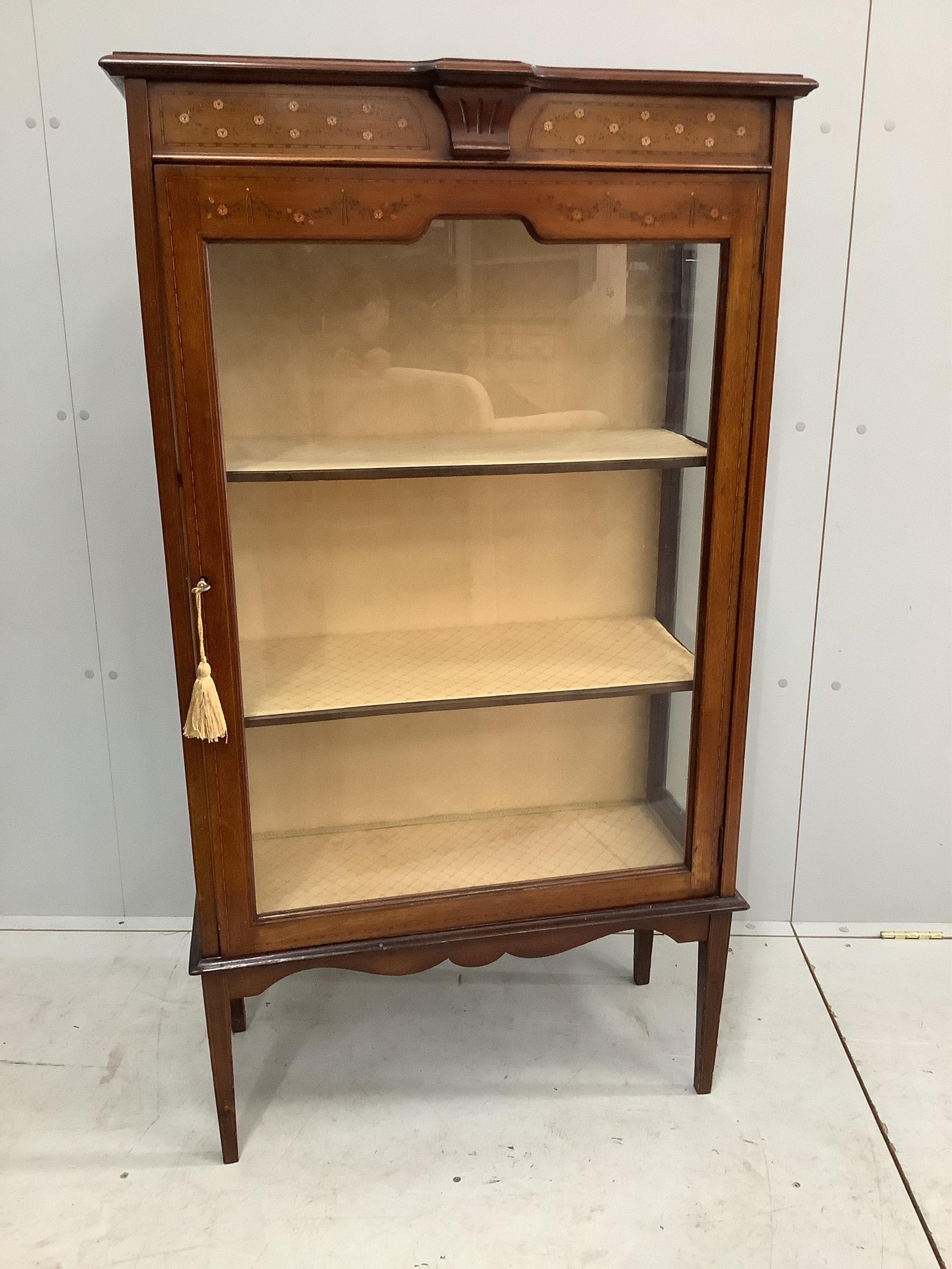 An Edwardian painted mahogany display cabinet, width 75cm, depth 37cm, height 134cm. Condition - fair